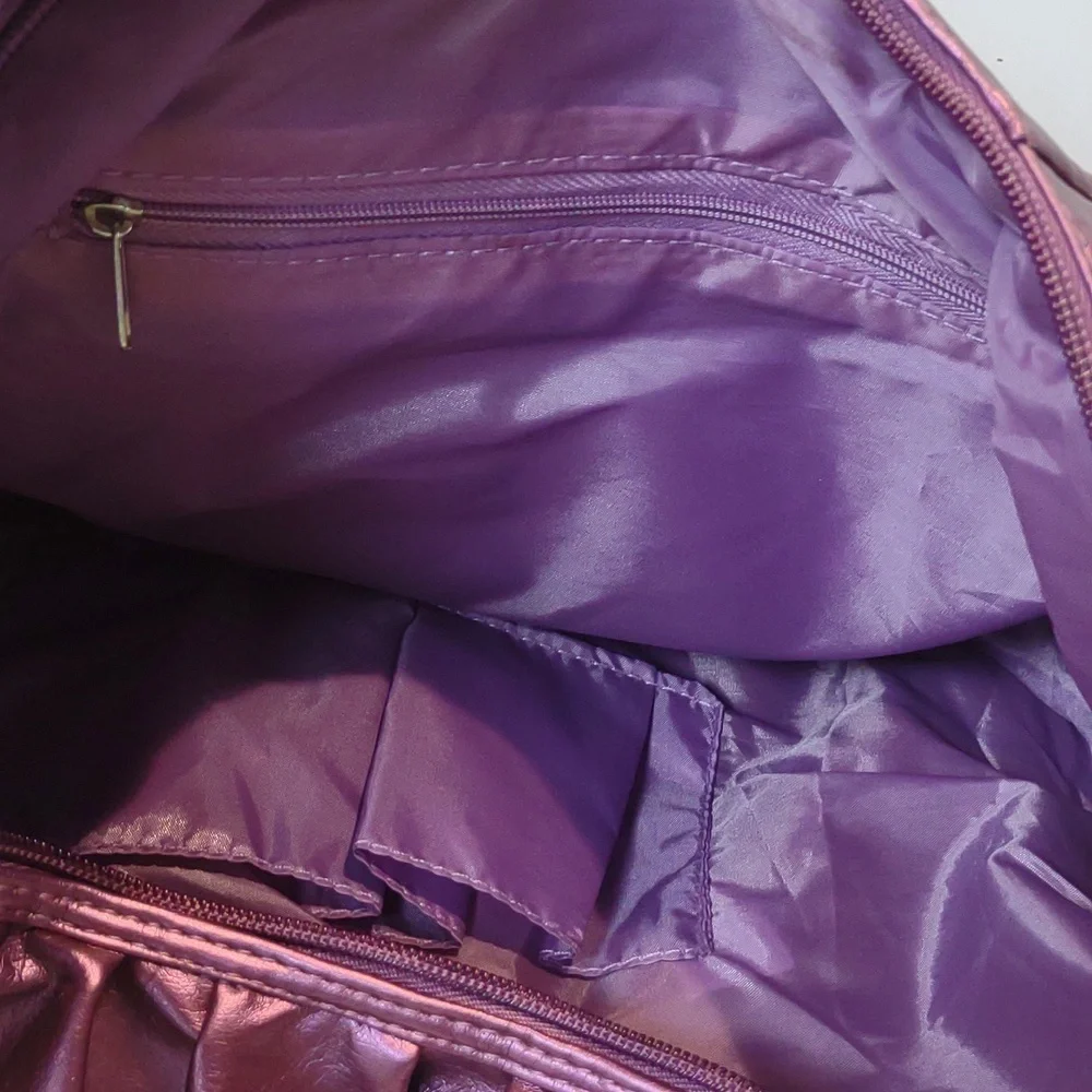 Metallic Purple Ruffles Zip Top Faux Leather Hobo Shoulder Tote Bag NWT